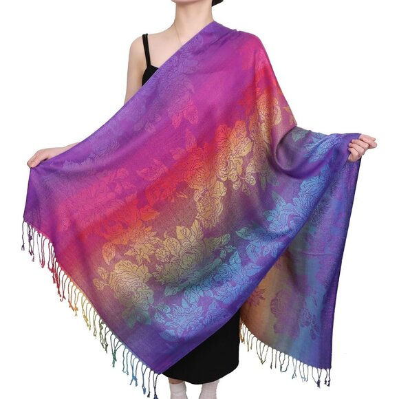 Colorful Flowers Jacquard Cotton Pashmina Women’s Wrap Shawl with Tassels Scarf - Picture 4 of 8